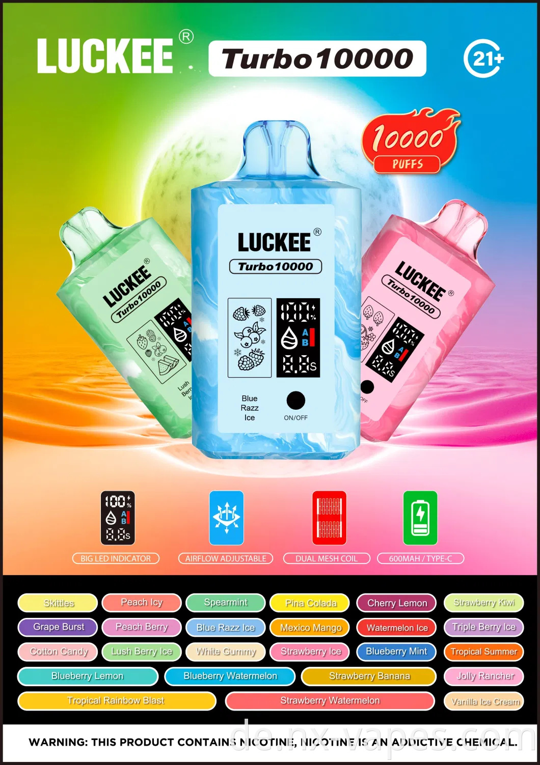 Luckee Turbo 10000Puffs Vapes Mesh Spulenluftstrom einstellbar eindimensionierbar wiederaufladbar Vape